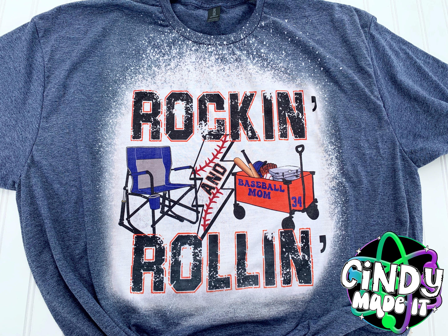 Rockin’ & Rollin’ Baseball Mom Bleached T-Shirt