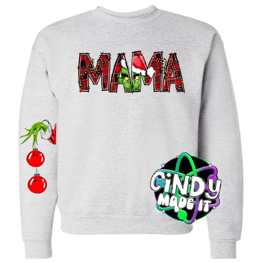 Mean One/Grin Face MAMA Christmas Sweatshirt with custom names on sleeve