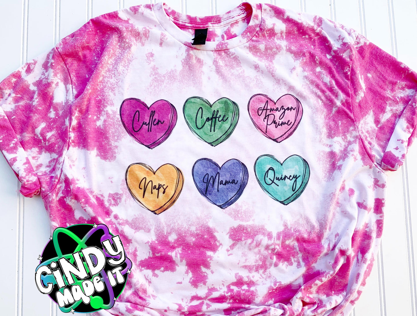 Custom bleached conversation hearts valentine t-shirt